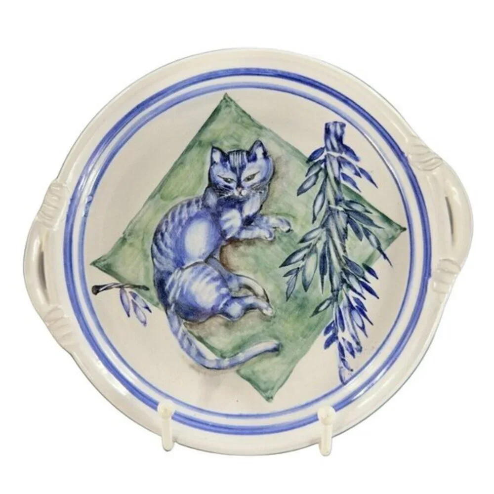 Hand Made Folk Art RedWare Dish Platter Blue Cat Kitty With‎ Handles Marked VTG